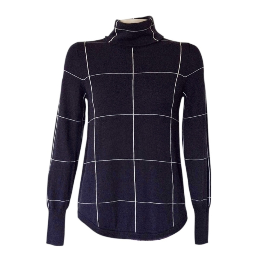 Vintage The Limited Wool Blend Windowpane Dark NavyTurtleneck Acadamia Preppy XS